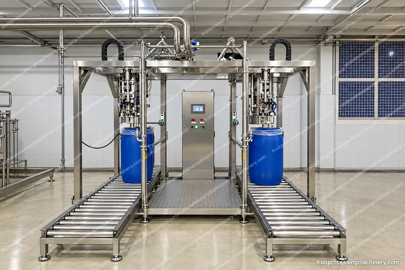 Twin-head bag-filling assembly with operating enclosure and drum-handling conveyors.