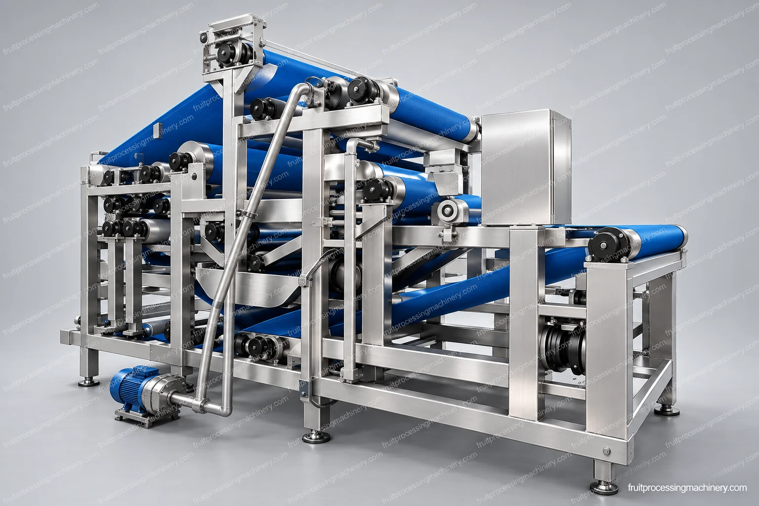 Catalogue-based equipment presentation of the multi-roller belt-press family; configuration varies with the selected assembly.