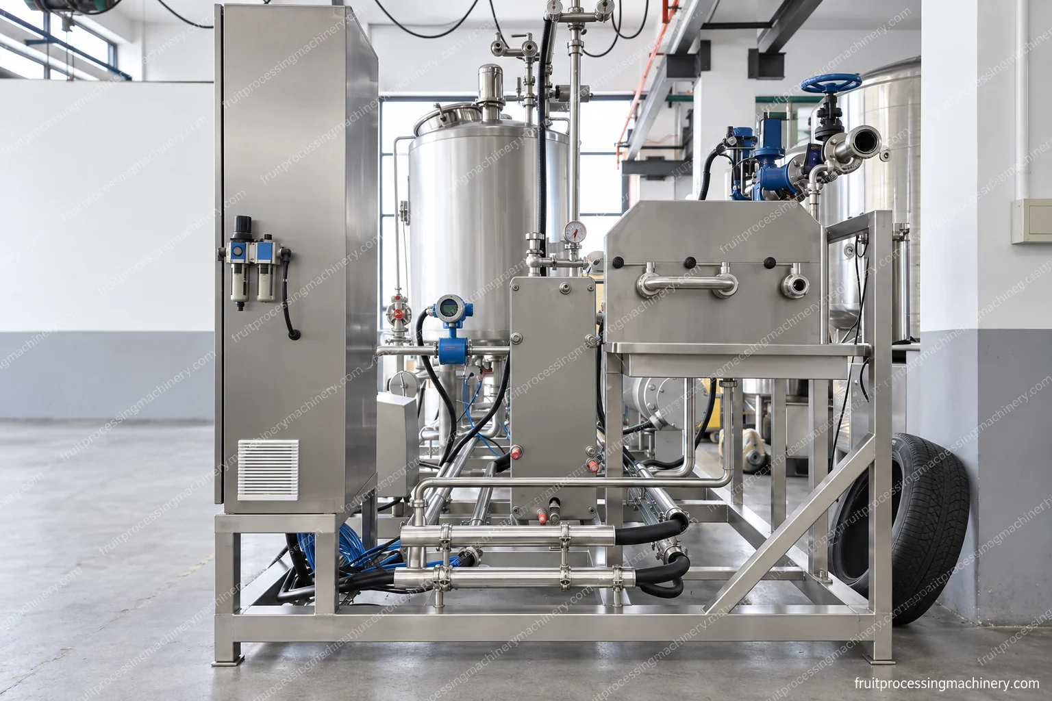 CIP tank-and-pump assembly with heating exchanger, valve connections and operating panel.