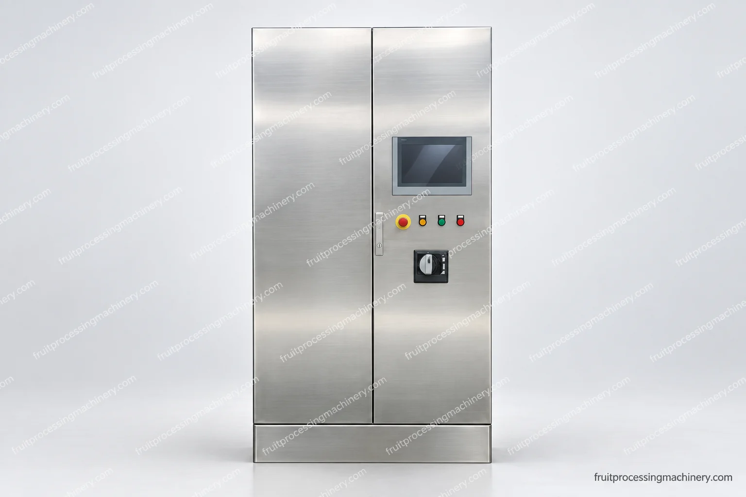 Closed double-door control cabinet showing the operator screen, local pushbuttons and isolation handle.