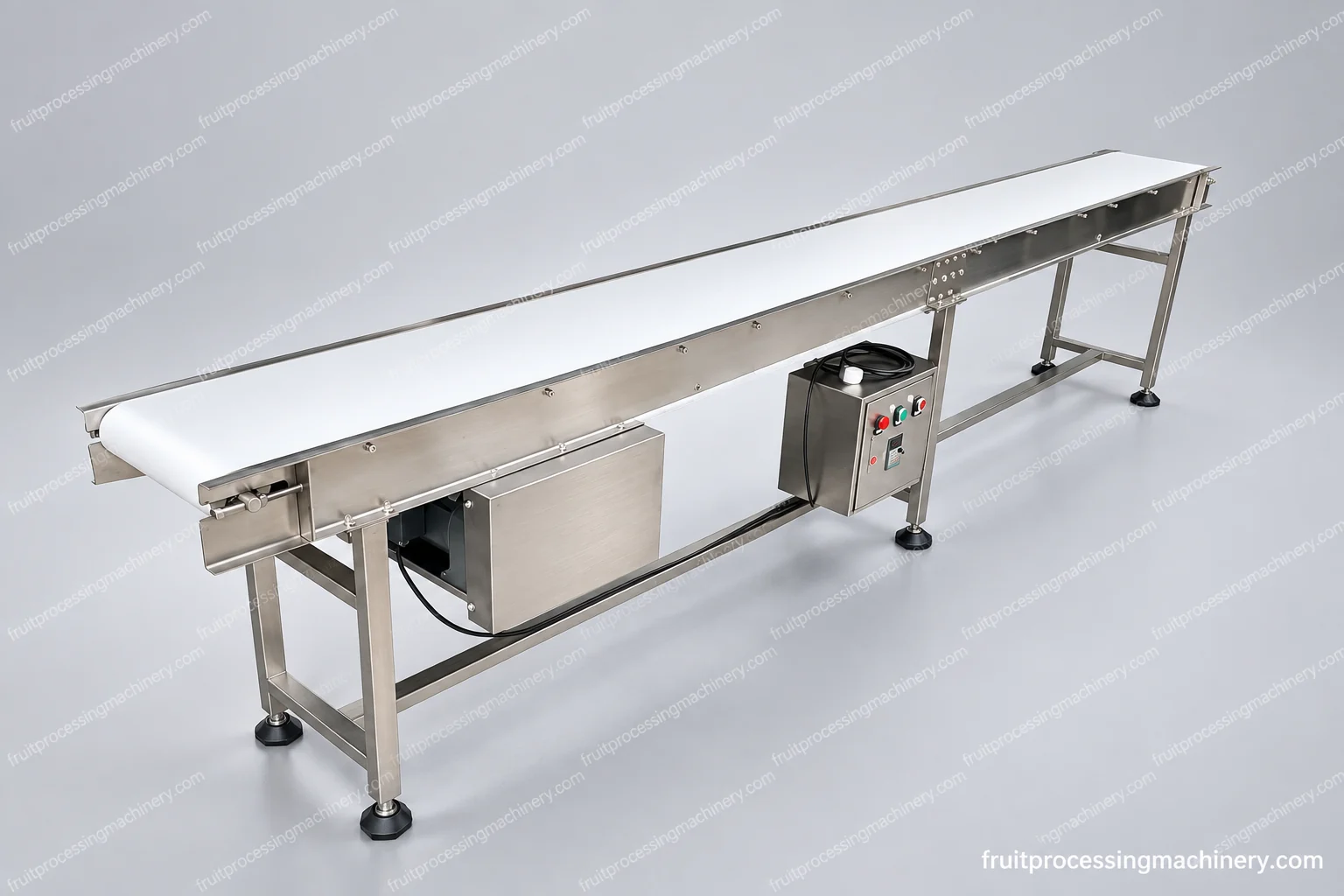 Horizontal belt conveyor with supported frame, drive end and accessible transfer edges.
