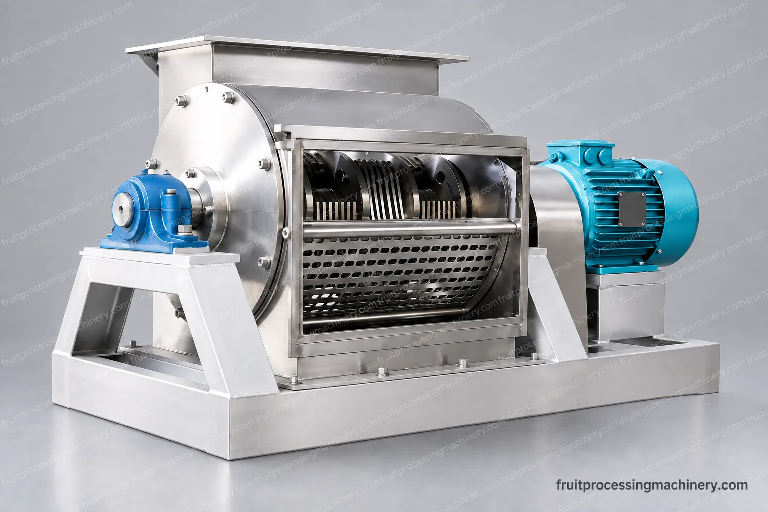 Opened crushing chamber showing the rotor assembly, perforated section and motor-driven skid.