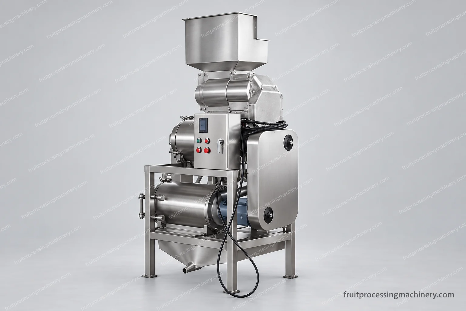Destoning assembly with upper feed hopper, cylindrical body and lower collection structure.