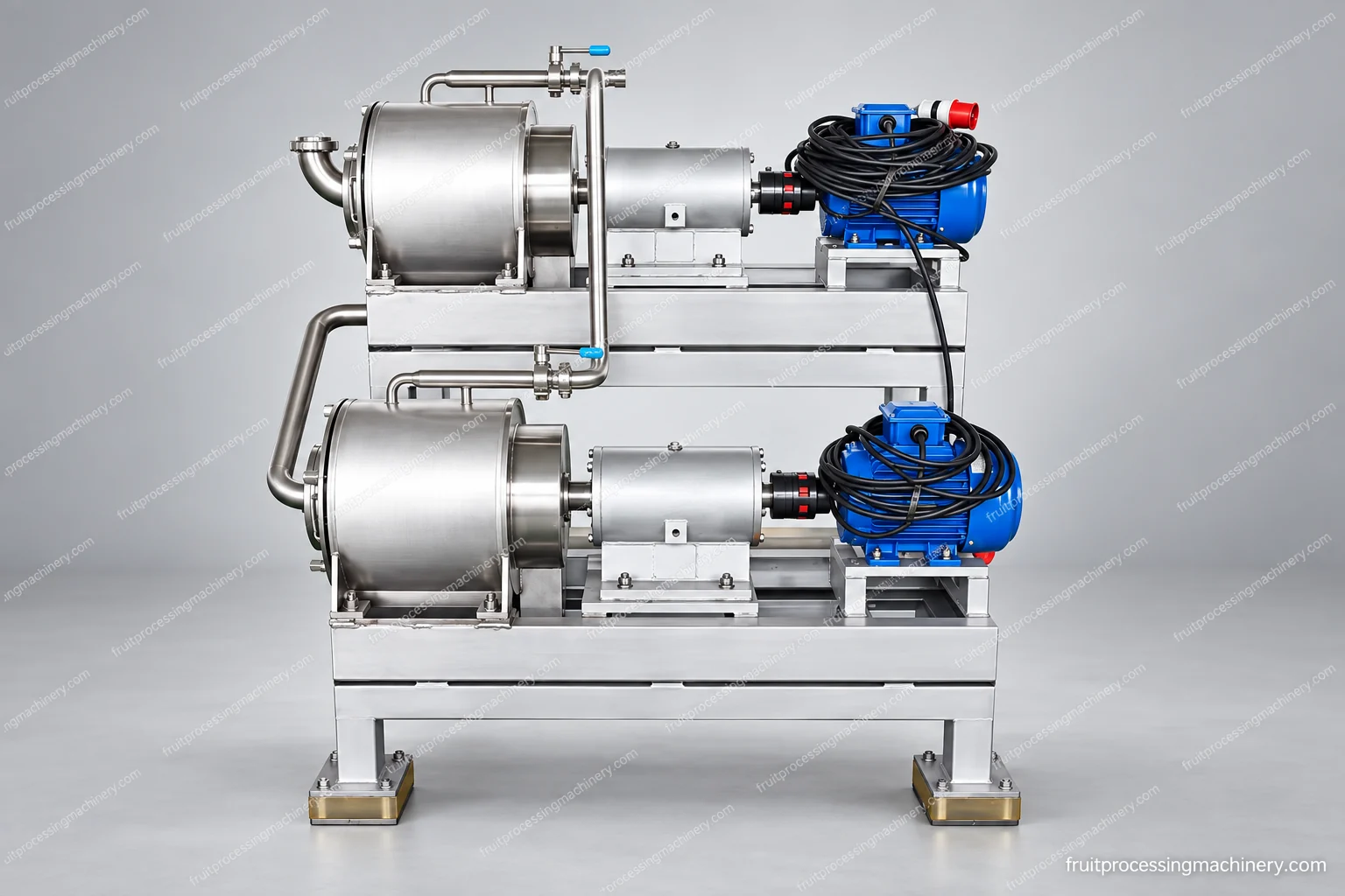 Two-stage cylindrical pulping assembly with individual motor drives and product collection below.