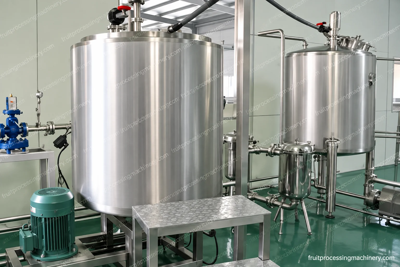Process vessel assembly showing tank bodies, access structures and connected product pipework.