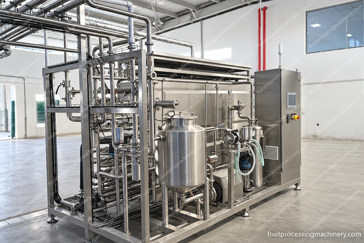 Thermal processing skid with connected tubular sections, vessels, valves and operating panel.